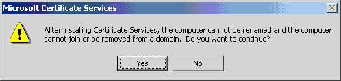 After installing Certificate Services, the computer cannot be renamed 
        and the computer cannot join or be removed from a domain.  Do you want
        to continue?