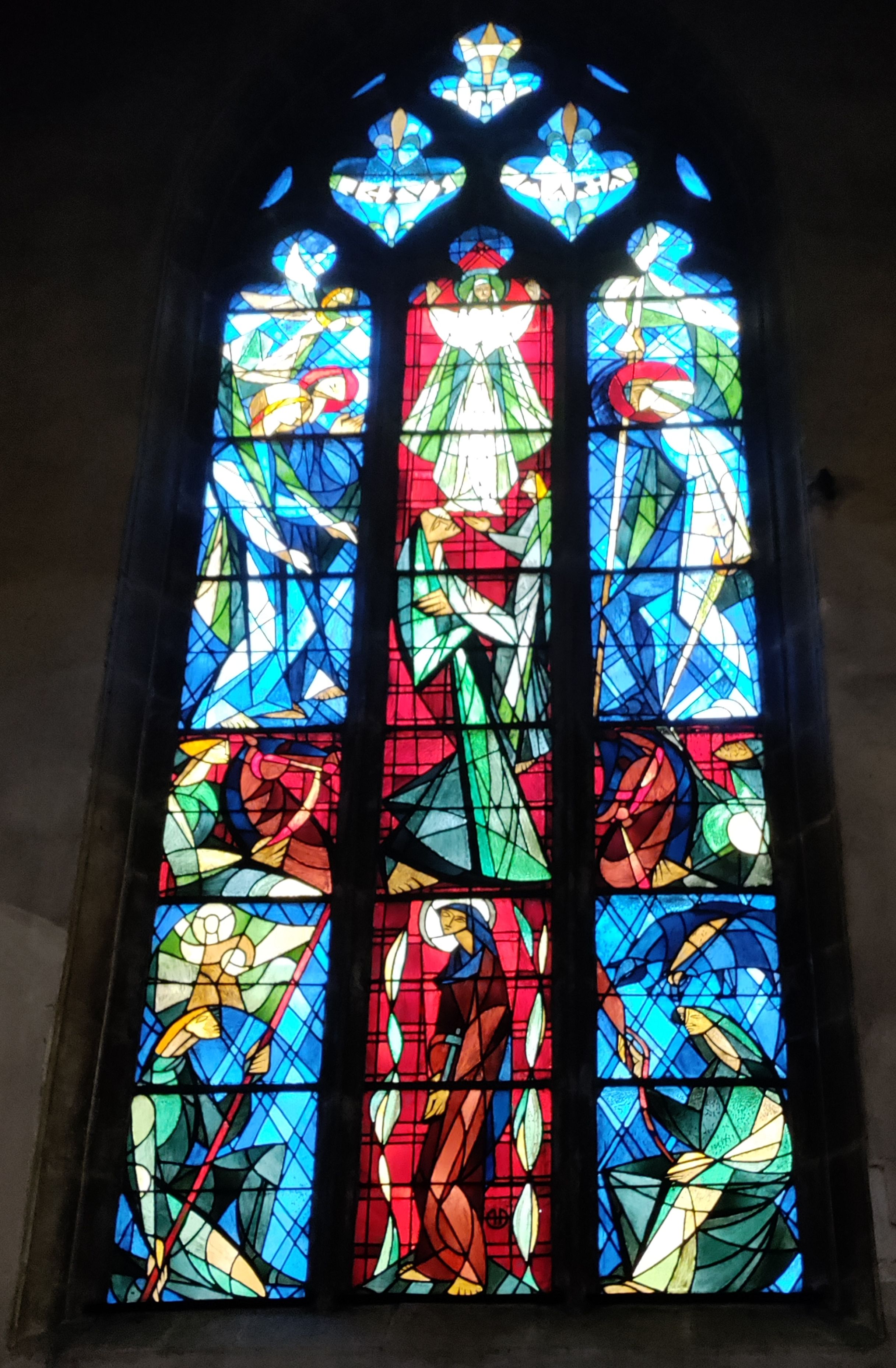 A stained glass window inside the cathedral in Bourg-en-Bresse.