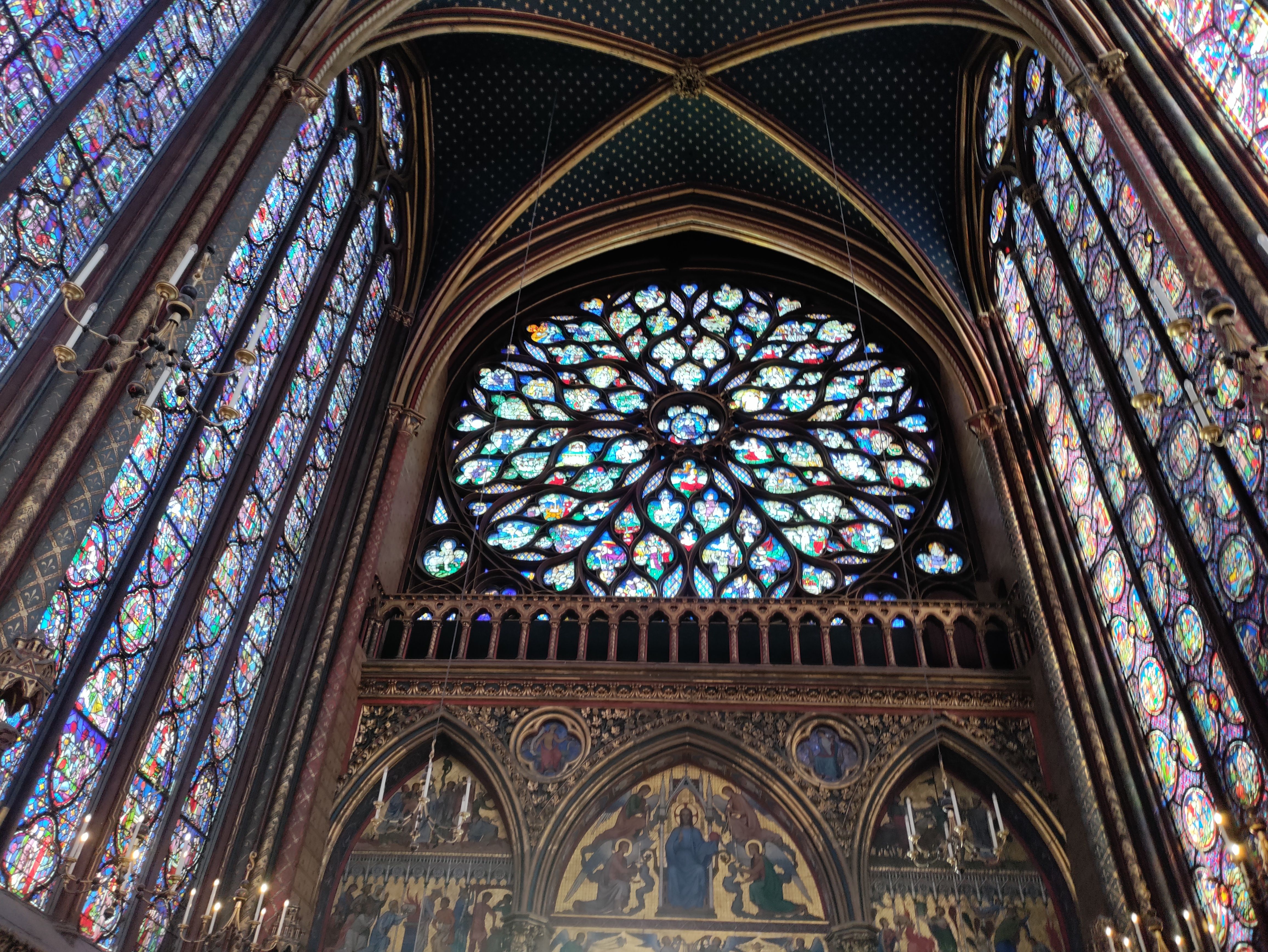 Stained glass windows inside Sainte-Chapelle.