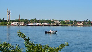 View of Sault Ste. Marie from the Canadian side of the St. Marys River.