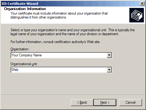 IIS Certificate Wizard - Organization Information